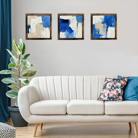 3pcs Wood Frame Wall Decoration Print Wood Frame Canvas Art Navy Blue& Brown Abstract Watercolor Wall Art Set- Modern Minimalist Linen Print, Wooden Frame for Living Room& Bedroom Decoration, Perfect