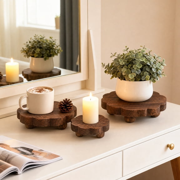 3pcs Wood Scalloped Plant Riser Stackable Wood Plant Display Stool Decorative Scalloped Flower Pot Holder Riser 3 Size for Garden Balcony Office Patio