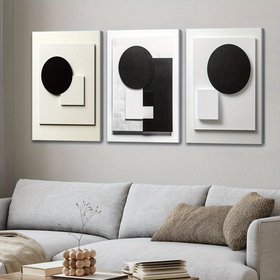 3pcs Wooden Framed Canvas, Minimalist black and white geometric poster, Fan shaped Arabic poster, Fantasy Decorations, Frame Painting, Modern Art, Canvas, Perfect Gift for Friends And Family, Home,