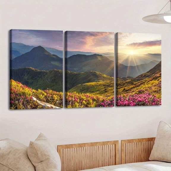 3pcs Wooden Framed Canvas Wall Art - Morning Sunlight on Mountains Landscape, Modern Classic Art Deco Style, HD 8K Print, Waterproof & Odorless,