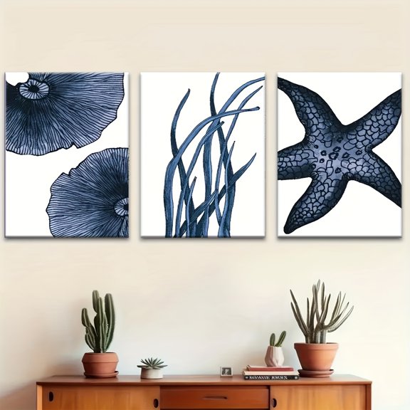3pcs Of Wooden Framed Wall Art, Blue Ocean And Starfish Coastal Landscape Aesthetic Canvas Printing Mural, Creative Art Design, Ideal Gift For Living Room, Bedroom, Office Decoration,