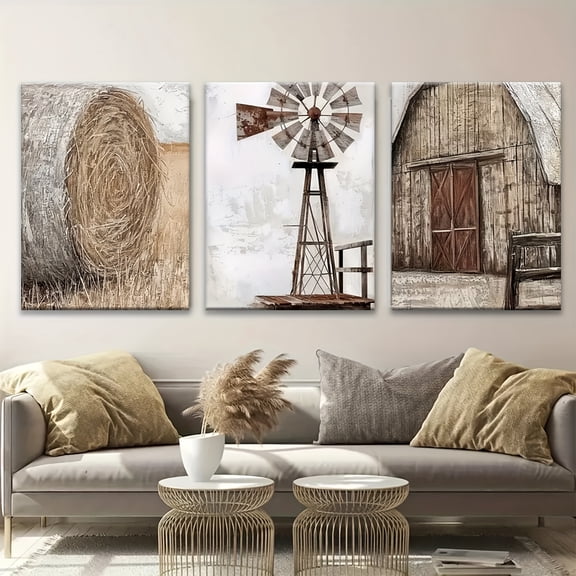 3pcs Of Wooden Framed Wall Art, Farmhouse Wall Art Retro Country Windmill Barn Cornfield Aesthetic Canvas Printing Mural, Creative Art Design, Ideal Gift for Living Room, Bedroom, Office Decoration,