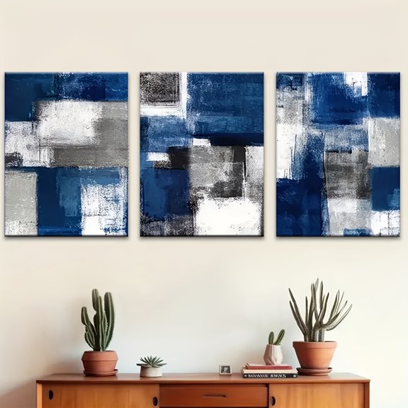 3pcs Of Wooden Framed Wall Art, Modern Abstract Blue Block Geometric Pattern Art Aesthetic Canvas Printing Mural, Creative Art Design, Ideal Gift for Living Room, Bedroom, Office Decoration,