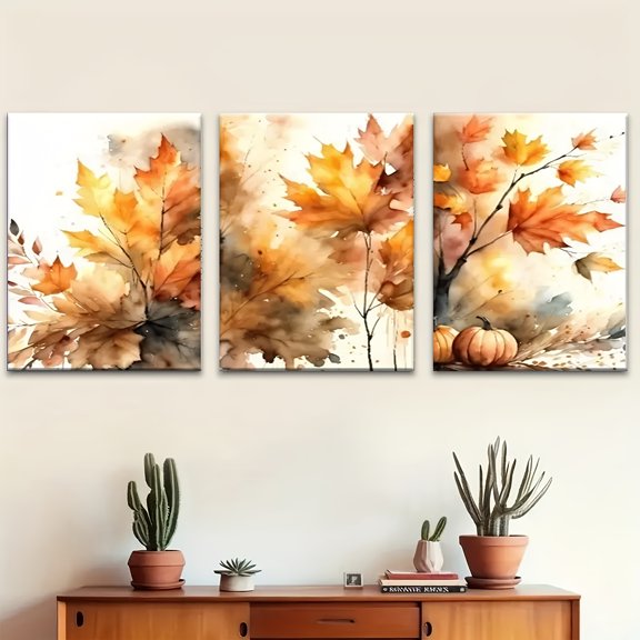 3pcs Of Wooden Framed Wall Art, Modern Autumn Leaves And Pumpkin Canvas Prints Aesthetic Canvas Printing Mural, Creative Art Design, Ideal Gift for Living Room, Bedroom, Office Decoration,
