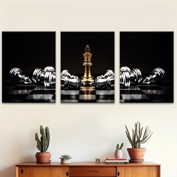 3pcs Of Wooden Framed Wall Art, Modern Chess King Canvas Art Aesthetic Canvas Printing Mural, Creative Art Design, Ideal Gift For Living Room, Bedroom, Office Decoration, Easter And April Fool'S Day