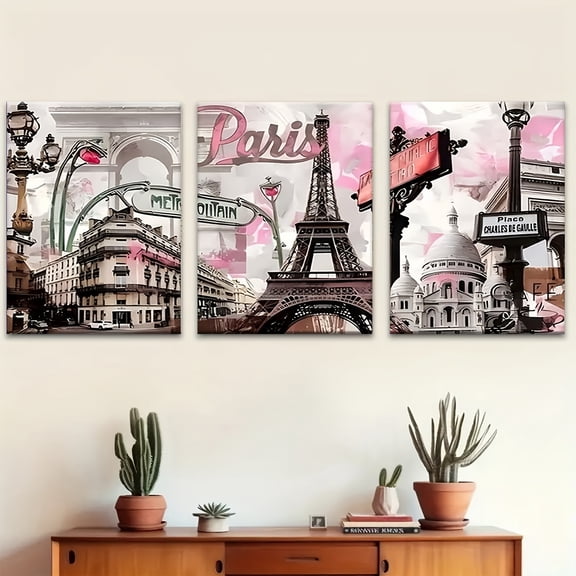 3pcs Of Wooden Framed Wall Art, Paris Street Scene Canvas Art Printing Aesthetic Canvas Printing Mural, Creative Art Design, Ideal Gift for Living Room, Bedroom, Office Decoration,