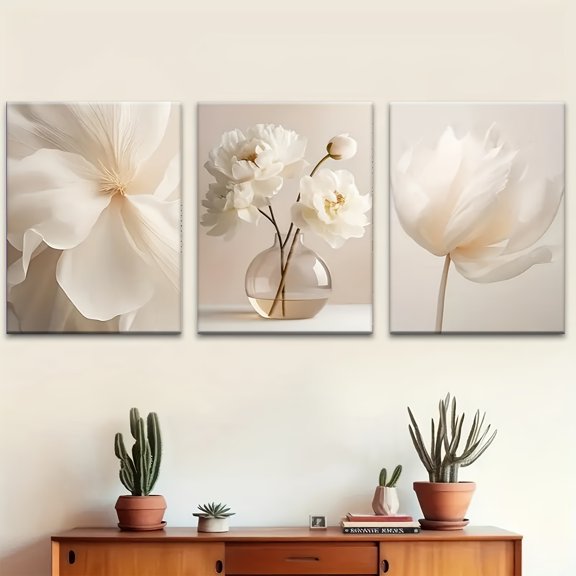 3pcs Of Wooden Framed Wall Art, Simple White Peony Flowers Neutral Aesthetic Canvas Printing Mural, Creative Art Design, Ideal Gift For Living Room, Bedroom, Office Decoration,