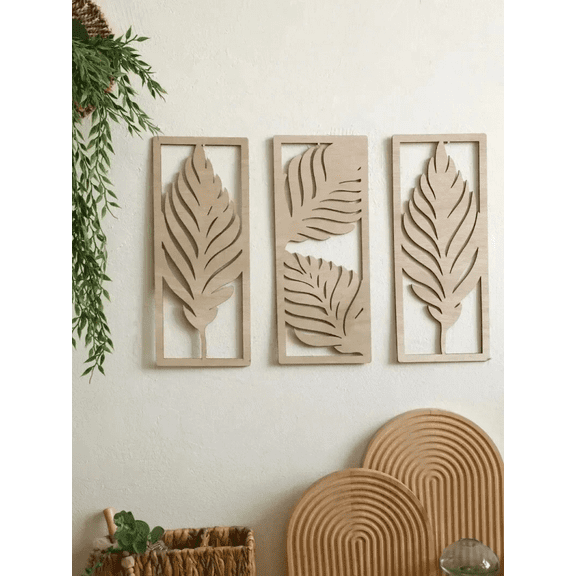 3pcs Wooden Leaf Wall Art Rustic Palm Leaf Decor, Vintage Tropical Accent