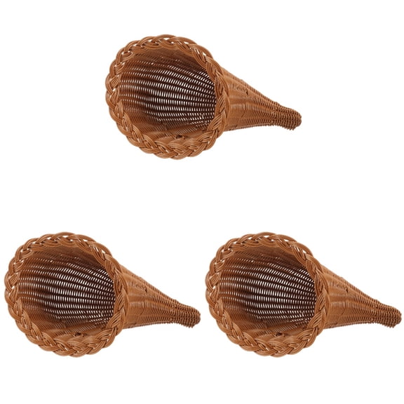 PartyKindom Khaki PP Woven Cornucopia Basket for Home and Restaurant Decor 3Pcs
