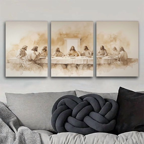 3pcs Wrapped Canvas Wall Art Set, Art Deco Classic Modern Style, Portrait Orientation, Pine Wood Frame, Ink on Canvas, with "The Last Supper" Religious Theme, for Living Room, Bedroom, Home Office,