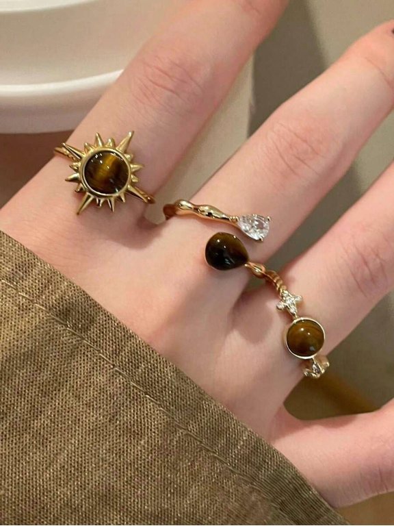 3pcs Yellow Gold Tiger Eye Stone Sunburst Open Ring Set For Women