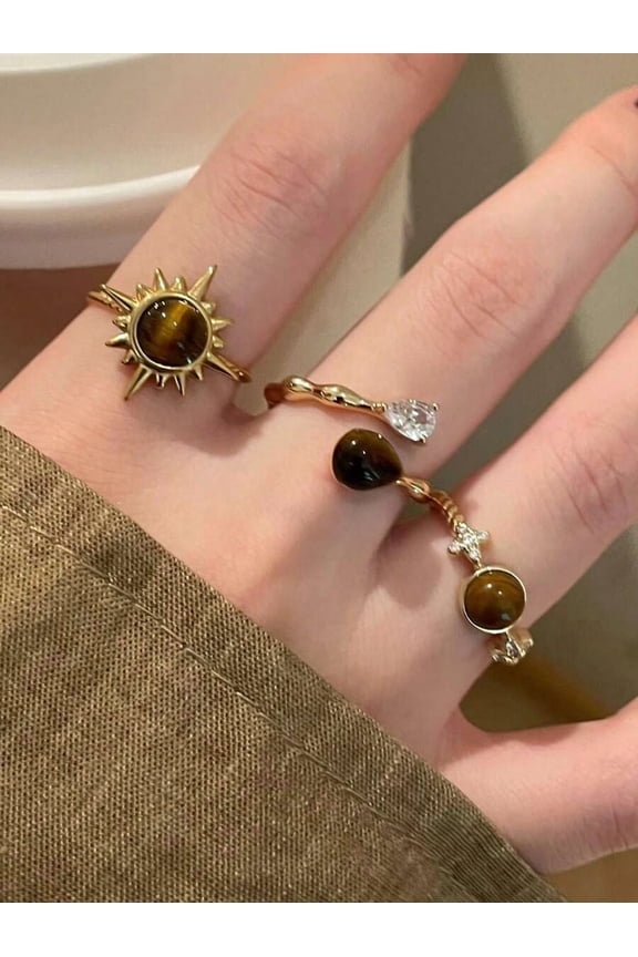 3pcs Yellow Gold Tiger Eye Stone Sunburst Open Ring Set For Women