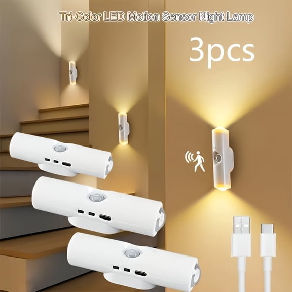 3pcs dual head cat eye LED night light, USB charging, adjustable tri color mode, inductive - suitable for stairs, corridors, bedrooms, bathrooms, holiday and birthday gifts