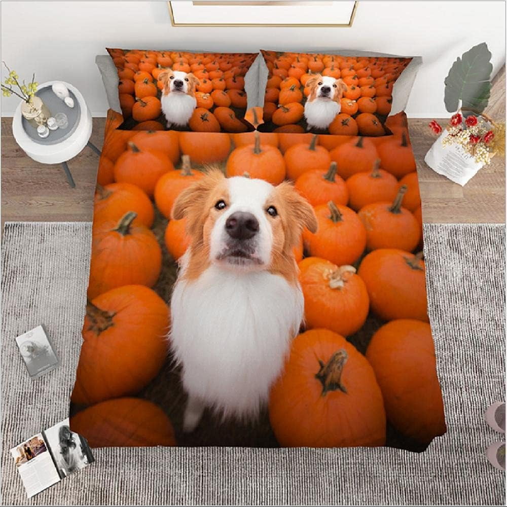 3pcs duvet cover set, 3D Yellow Pumpkin Dog, 100 microfiber, Queen