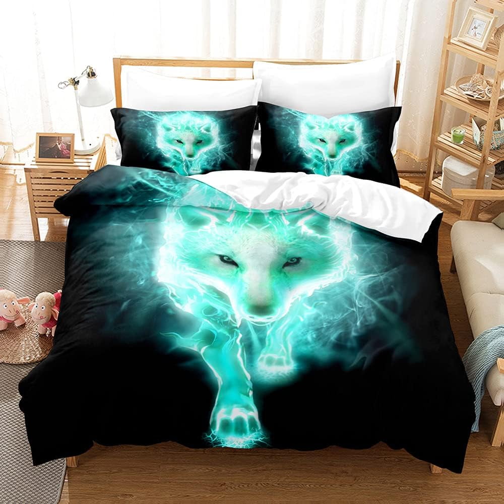 3pcs duvet cover set, 3D luminous wolf, 100 microfiber, Queen