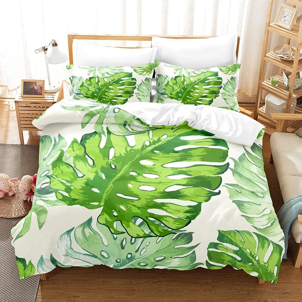 3pcs duvet cover set, 3D tropical leaves Green, 100 microfiber, Queen
