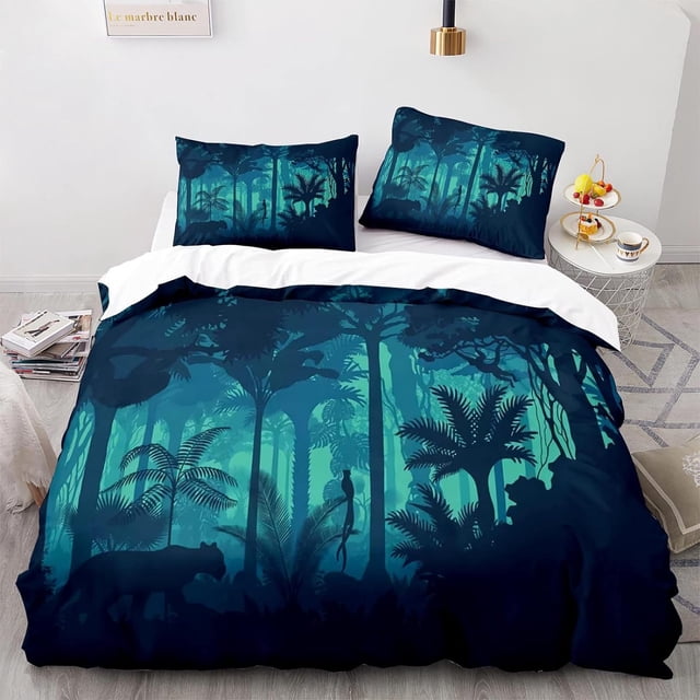 3pcs duvet cover set, Jungle Blue Fog Leopard, 100 microfiber, Twin