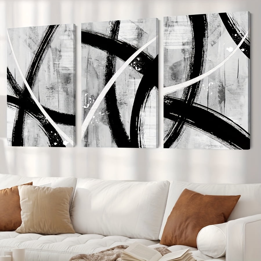 3pcs with frame -Black white abstract triptych art Theme Canvas Wall Art Framed Painting Clearance Sale, 2D Flat, Suitable for Halloween, Christmas, Winter and Summer,
