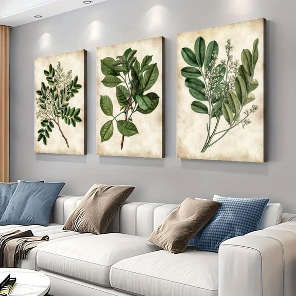 3pcs green leaves, botanical illustrations - Modern abstract wall decor, framed and ready to hang, suitable for living room, office, cafe aesthetic wall decoration - Perfect gift for Thanksgiving