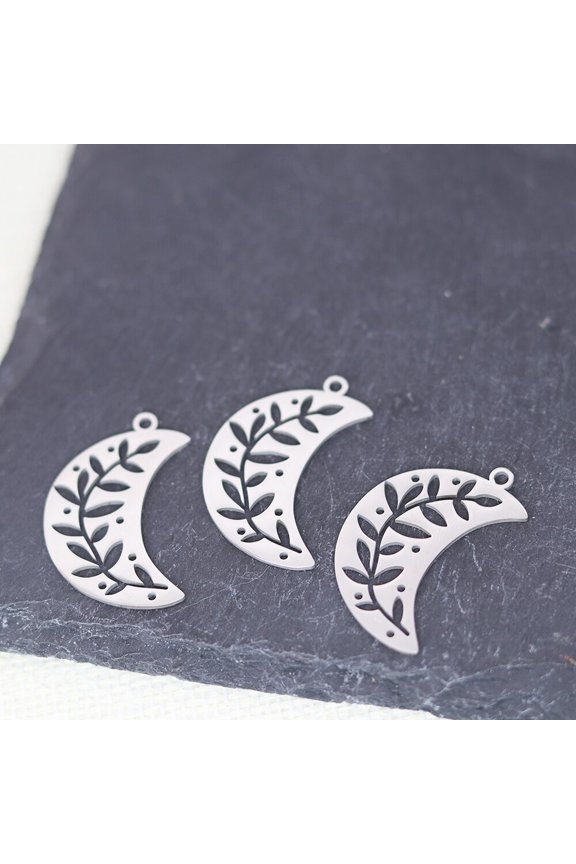 3pcs/lot Stainless Steel Crescent Moon Charms Branch Leaf Pendants for DIY Handmade Jewelry Making Accessories Material