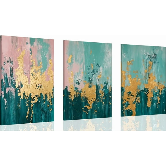 3pcs modern Abstract Pictures Wall Art Modern Green & Pink with Gold Accents Canvas Prints Posters Neutral Minimalist Art paintings Wall Decor for Living Room Bedroom Office Home Unframed