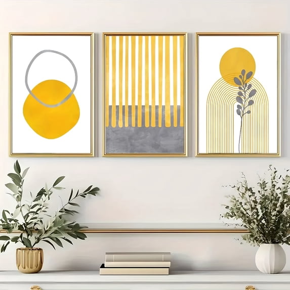 3pcs of mustard yellow and gray geometric abstract art, modern floral art, living room, bar, home and dormitory wall decorations, frameless