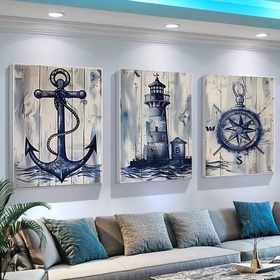 3pcs rimless/Nordic retro style anchor lighthouse and compass retro canvas poster decoration printing, mural gift, bedroom, office, cafe, living room, home and dormitory decoration, ideal gift, no f
