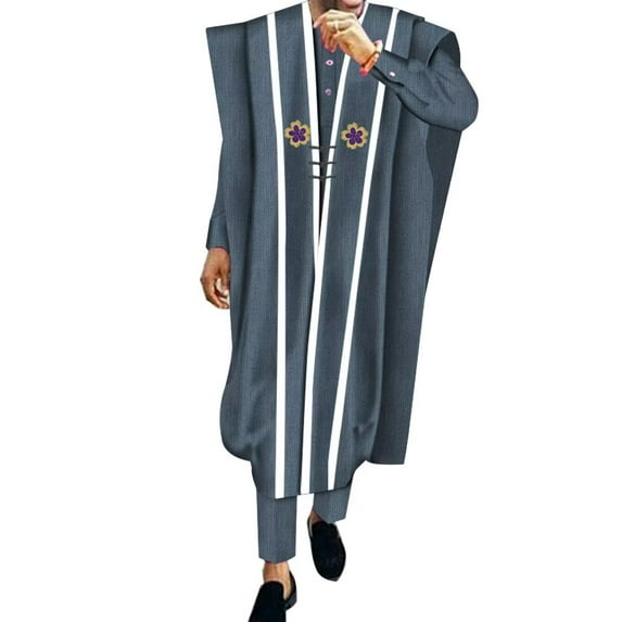 3pcs set African Solid Color Men's Casual Suit Long Sleeved robe Tops and Pants Set Party Clothing