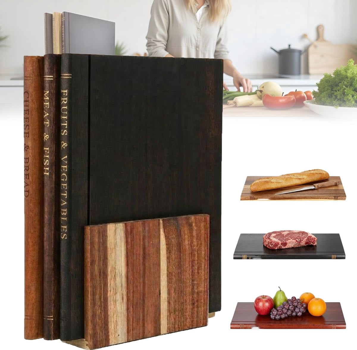 (3pcs/set) Book Shaped Wood Cutting Boards for Kitchen & Meat Cutting ...