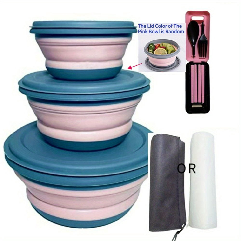 3pcs/set Camping Bowl; Silicone Collapsible Bowl Lunch Box Salad Bowl ...