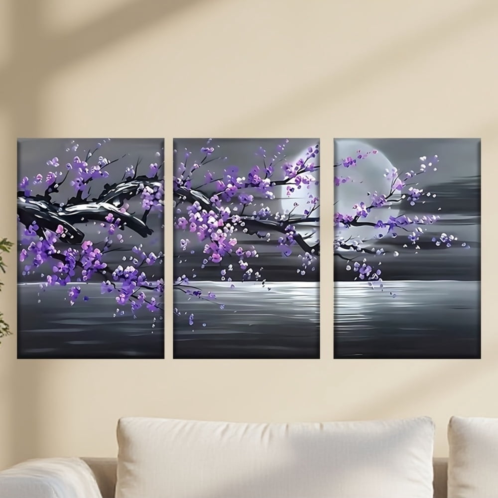 3pcs/set, Canvas Painting--Unframed, a Painting of a Tree with Purple Flowers, Abstract Art, Perfect Birthday,