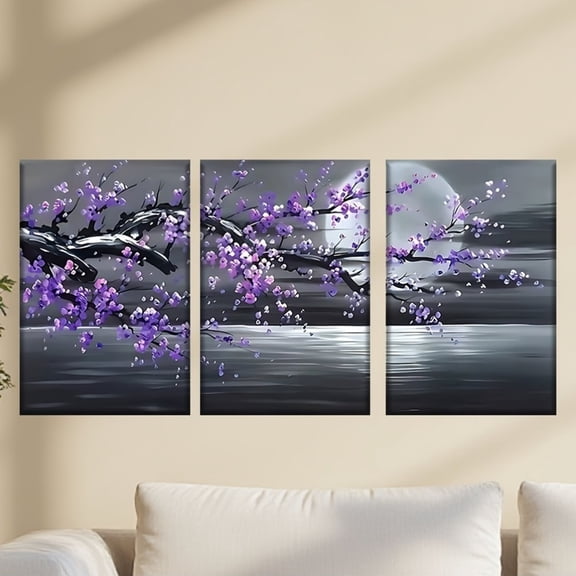 3pcs/set, Canvas Painting--Unframed, a Painting of a Tree with Purple Flowers, Abstract Art, Perfect Birthday,
