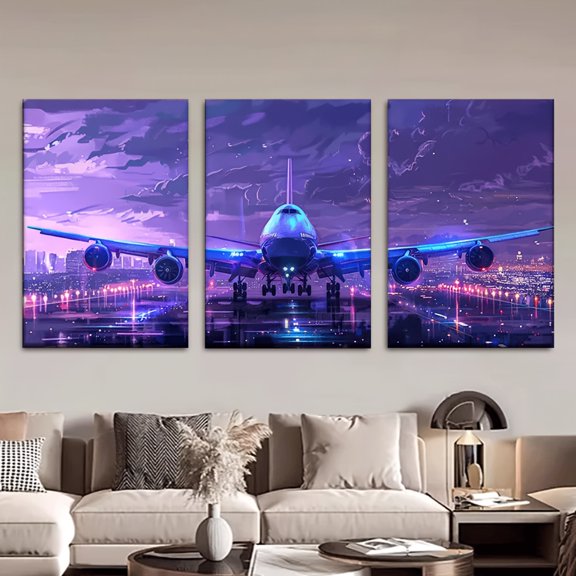 3pcs/set, Canvas painting--Unframed, 30x20inch, Airplane under purple sky, Wall decoration, bedroom, living room, library, office, cafe, bar, abstract art, perfect birthday, holiday gift, Valentine'