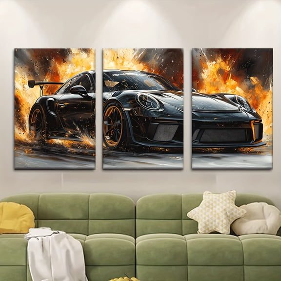 3pcs/set, Canvas painting--Unframed, Black sports car in flames and smoke, Posters and prints, living room, library, office, cafe, bar, abstract art, perfect birthday, holiday gift, Valentine's Day,