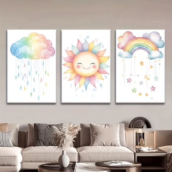 3pcs/set, Canvas painting--Unframed, Cute cartoon style rainbows, clouds, sun, Posters and prints, living room, library, office, cafe, bar, abstract art, perfect birthday, holiday gift, Valentine's