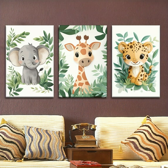 3pcs/set, Canvas painting--Unframed, Elephant lion giraffe green leafy jungle animal, Artist Drawing Set, living room, library, office, cafe, bar, abstract art, perfect birthday, holiday gift, Valen