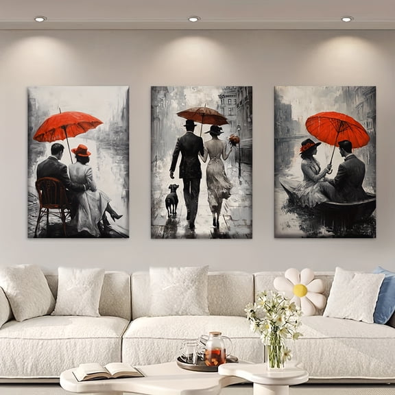 3pcs/set, Canvas painting--Unframed, Romantic couple holding red umbrellas in the rain,abstract art,holiday gift,