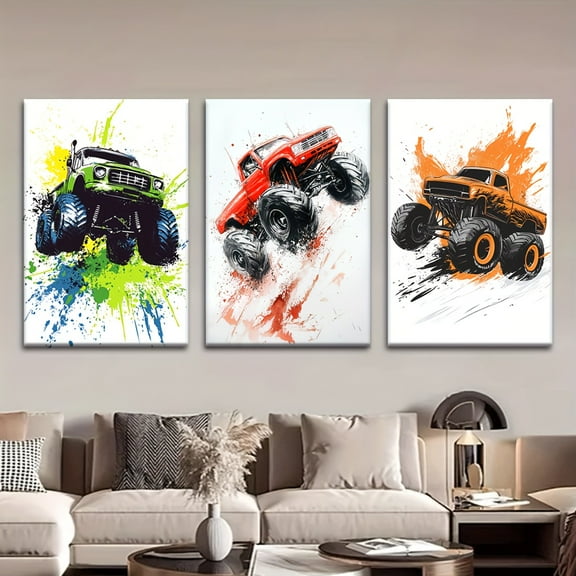 3pcs/set, Canvas painting--Unframed, Watercolor Monster Trucks, Posters and prints, living room, library, office, cafe, bar, abstract art, perfect birthday, holiday gift, Valentine's Day, Easter egg