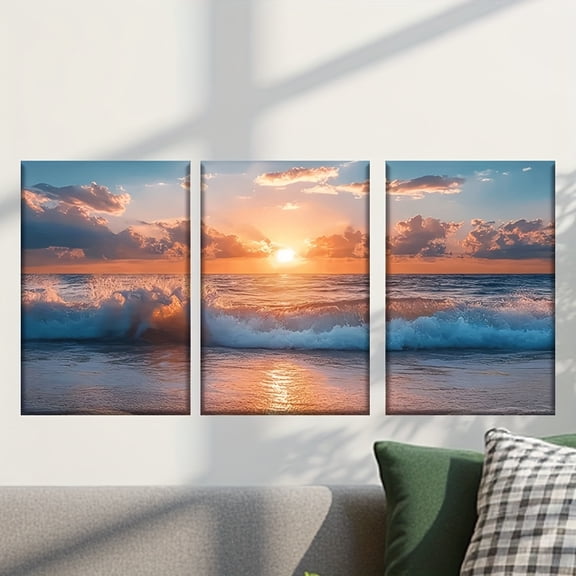 3pcs/set, Canvas painting--Unframed, a sunset over the ocean with waves crashing, Posters and prints, living room, office, bar, library, cafe, abstract art, perfect birthday, Home decoration, holida