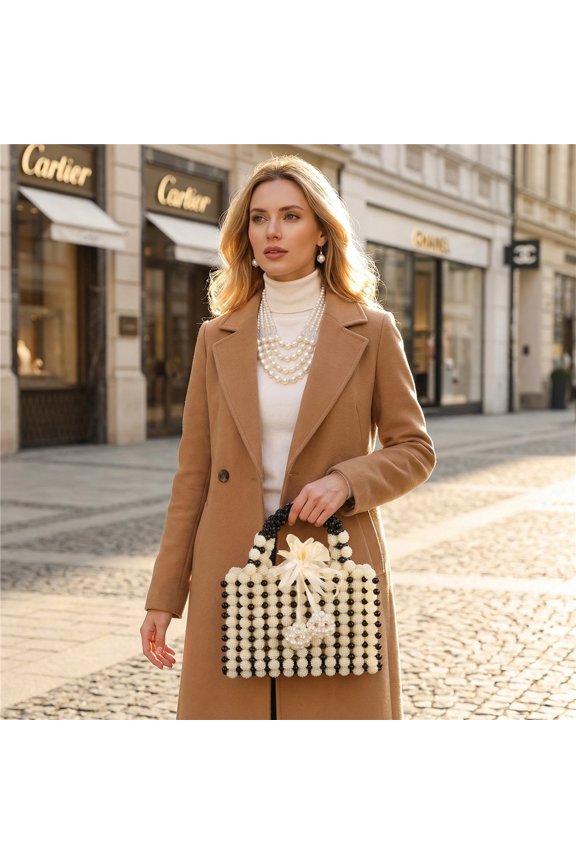 3pcs/set Classic High-End Pearl Handbag Necklace Earrings Set, Makeup Bag Phone Wallet Fashion Accessories