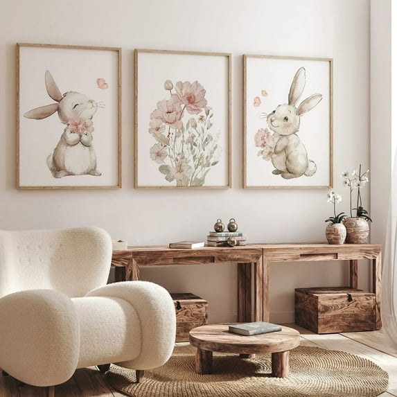 3pcs/set Cute Bunny and Wildflower Watercolor Prints, Art Deco, Classic, Modern Style, Spring and Winter Season, Bedroom, Dining Room, Recommended Room, Indoor Usage, Portrait Orientation, Frameless