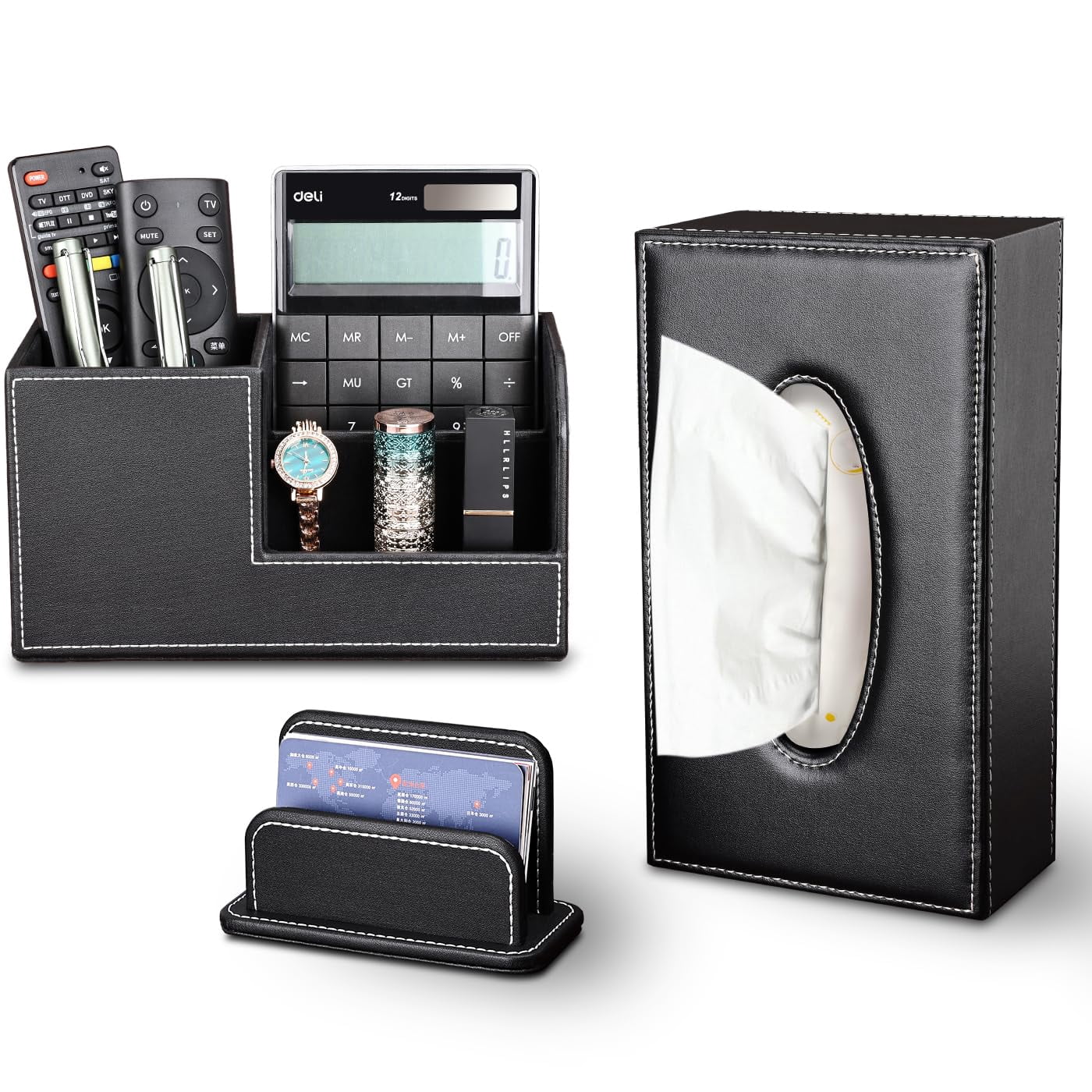 3pcs/set Desk Organizer Sets Leatherette Office Accessories Supplies Including Tissue Holder Pencil And Business Name Cards Stand Black