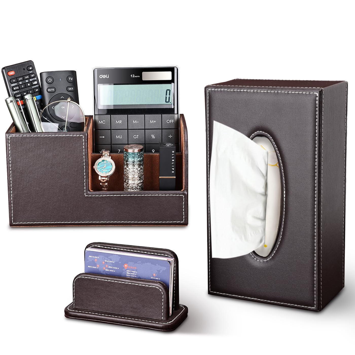 3pcs/set Desk Organizer Sets Leatherette Office Accessories Supplies Including Tissue Holder Pencil And Business Name Cards Stand Brown