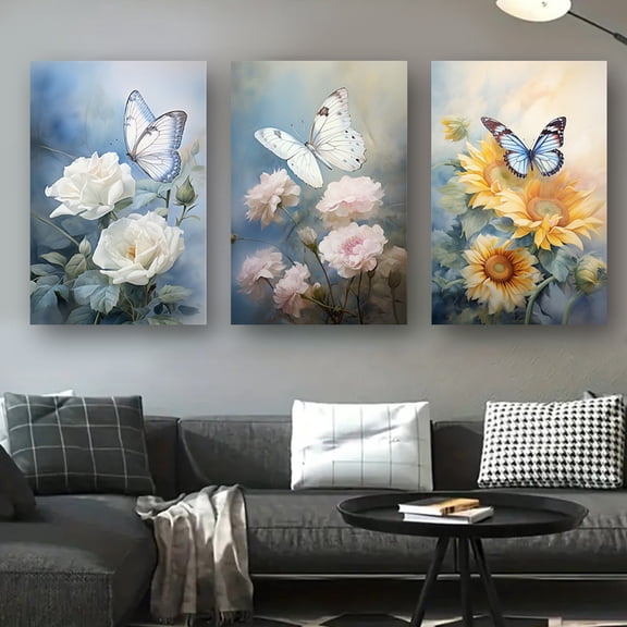 3pcs/set, Frameless Printing Decorative Painting, 40x60cm/15.7x23.6in, Butterfly perched on a white rose, Latest Original, Fall Decor, Home Decor Colorful Canvas Room Decoration, Decorative Picture,