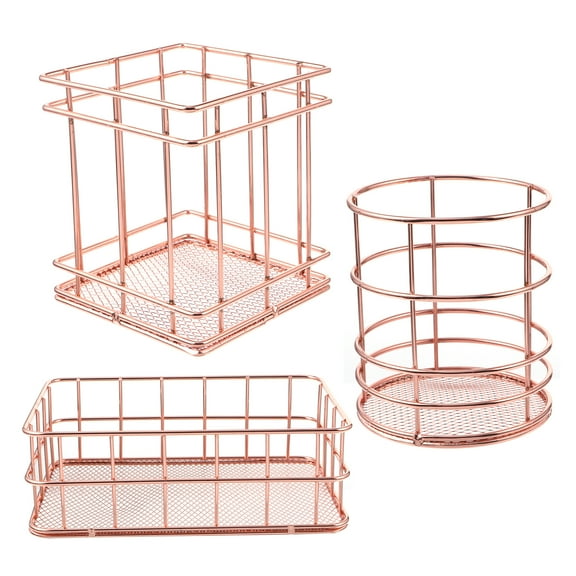 OUNONA Rose Gold Metal Basket for Home Stainless Steel Pen Holder Storage Container Set of 3 Pieces
