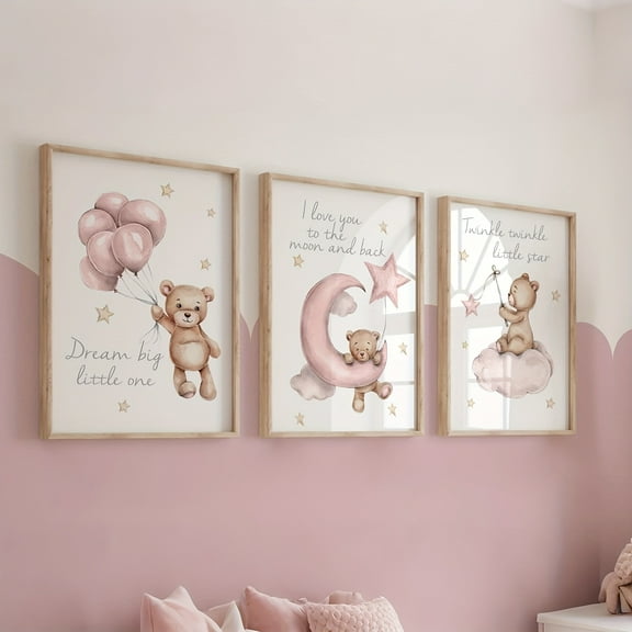 3pcs/set Modern Fashion Wall Art Set, Pink Nursery Decoration Poster, Teddy Bear Stars Moon Balloons Clouds Print Decorative Wall Painting, Nursery Decoration Wall Painting, Suitable for Girls Bedro