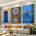 thumbnail image 1 of 3pcs set Morocco Door Blue City poster Arab architectural art canvas poster printing, stylish wall art, office, living room, bedroom, room, internet bar, bar, hotel ideal gift, no frame, 1 of 4