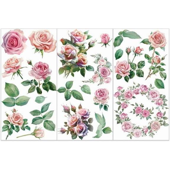 3pcs/set Pink Rose Rub on Transfers for Furniture 6x12 Inch Rose Decor Transfer Stickers Vintage Floral Wreath Transfers Waterproof Decorative Decals for Wood Furniture Home Decorations 1set