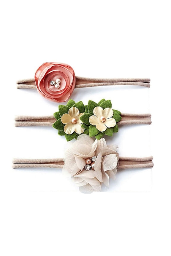 3pcs/set Simulated-pearl Ribbon Lace Flower Headband Baby Girl Elastic Hairband