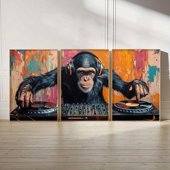 3pcs/set Unframed Canvas Poster, Colorful Monkey DJ, Headphones, Turntables, Fantasy Animal Art, Wall Art Painting for Living Room, Bedroom, Bathroom, Office, Cafe, Gym, Home Festive Decor, Prints,